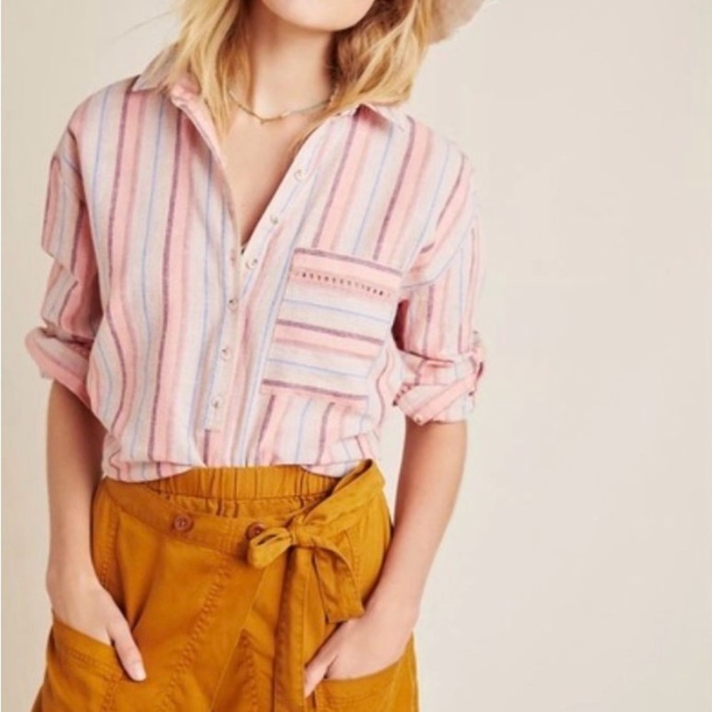 Anthropologie Pink Striped Linen Lida Maeve Button-Down Shirt